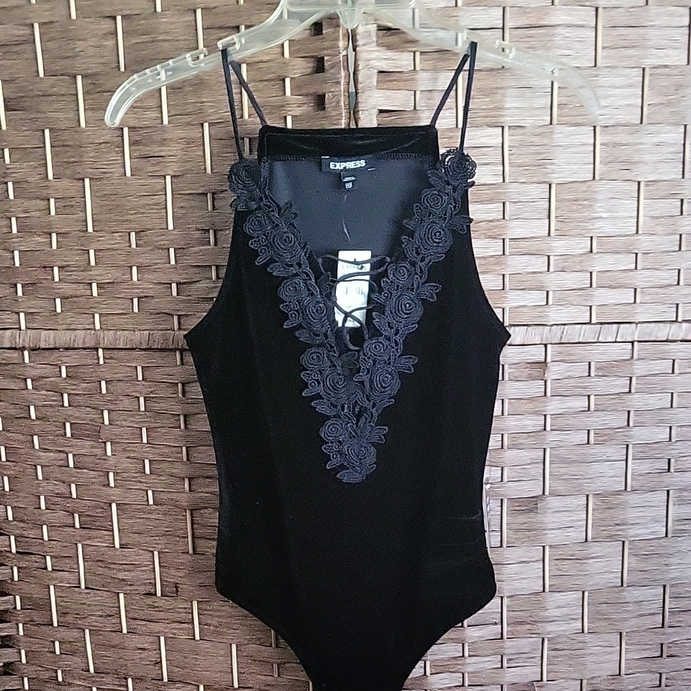 Express Black Floral Satin & Velour Bodysuit BNWT